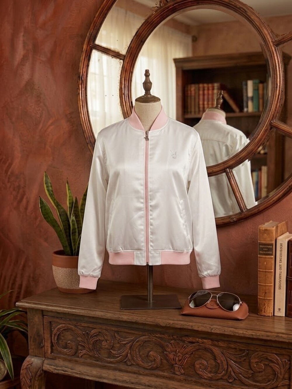 PLAYBOY White Satin Bomber Jacket with Pink Trim